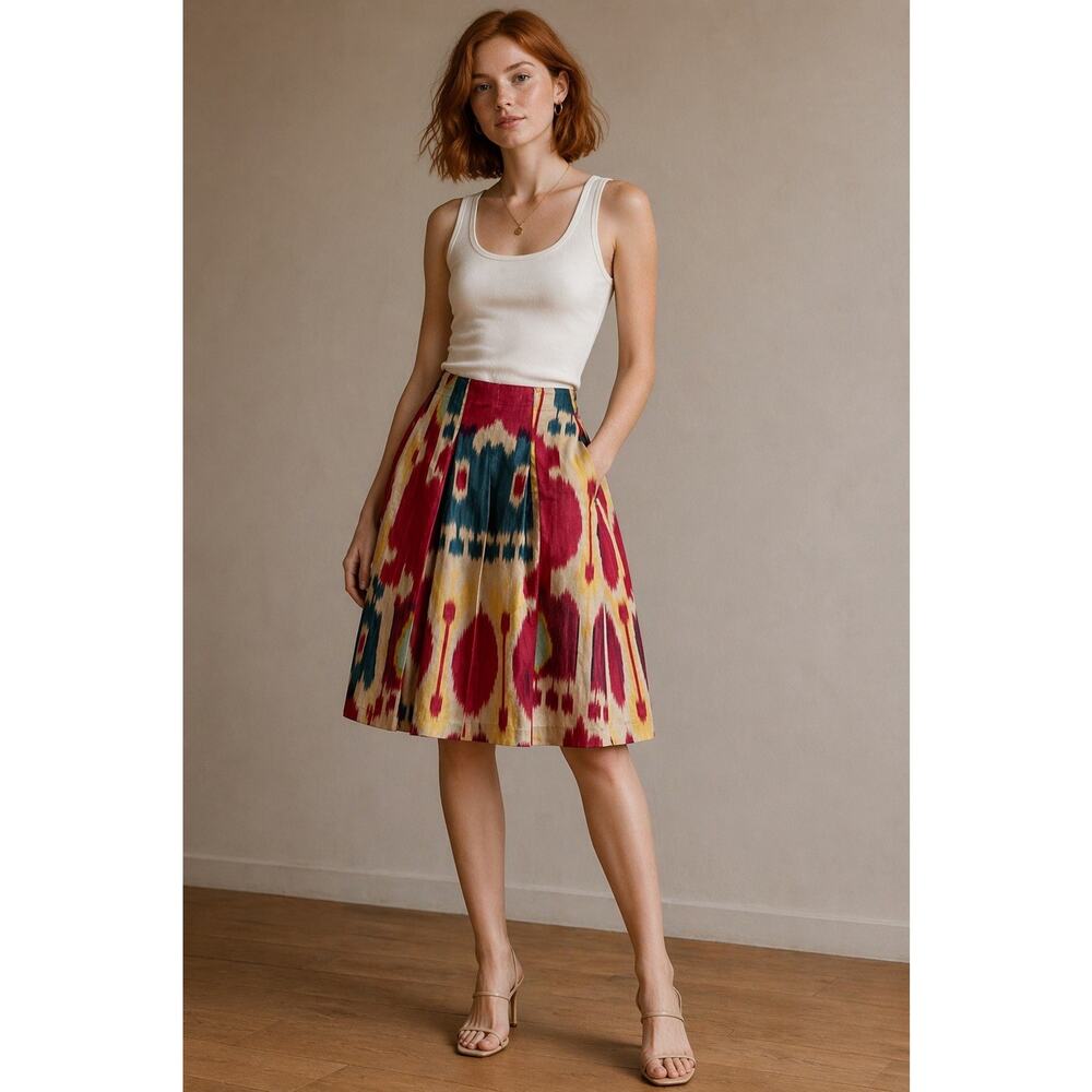 Ralph Lauren 100% Silk Ikat Pleated Skirt Size 6 Boho Southwestern Lined Pockets